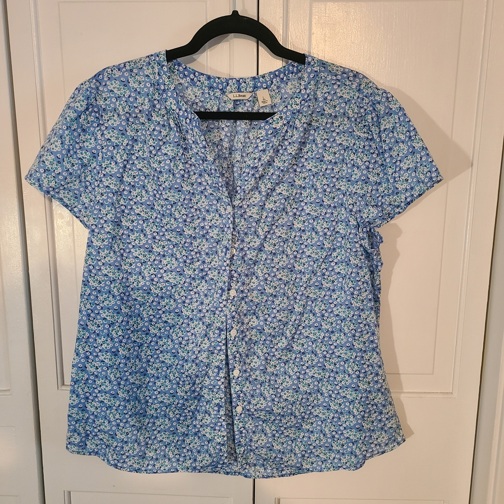 L.L. Bean Blue and White Relaxed Buttoned Blouse
